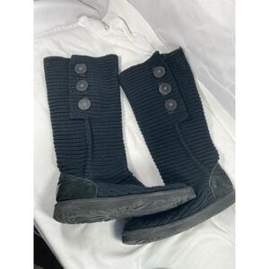 UGG Classic Cardy II Flat Boots Black Knit UGG-pure Sock-liner Buttons Size 9